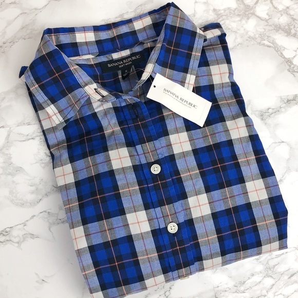 NEW BANANA REPUBLIC SOFT WASH CLASSIC BUTTON DOWN SHIRT - BEAUTIFUL BLUE PLAID - Picture 8 of 9